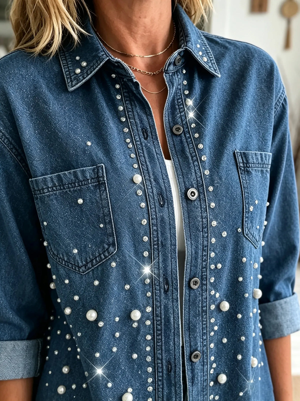 Women's Pearl Embellished Longline Denim Shirt