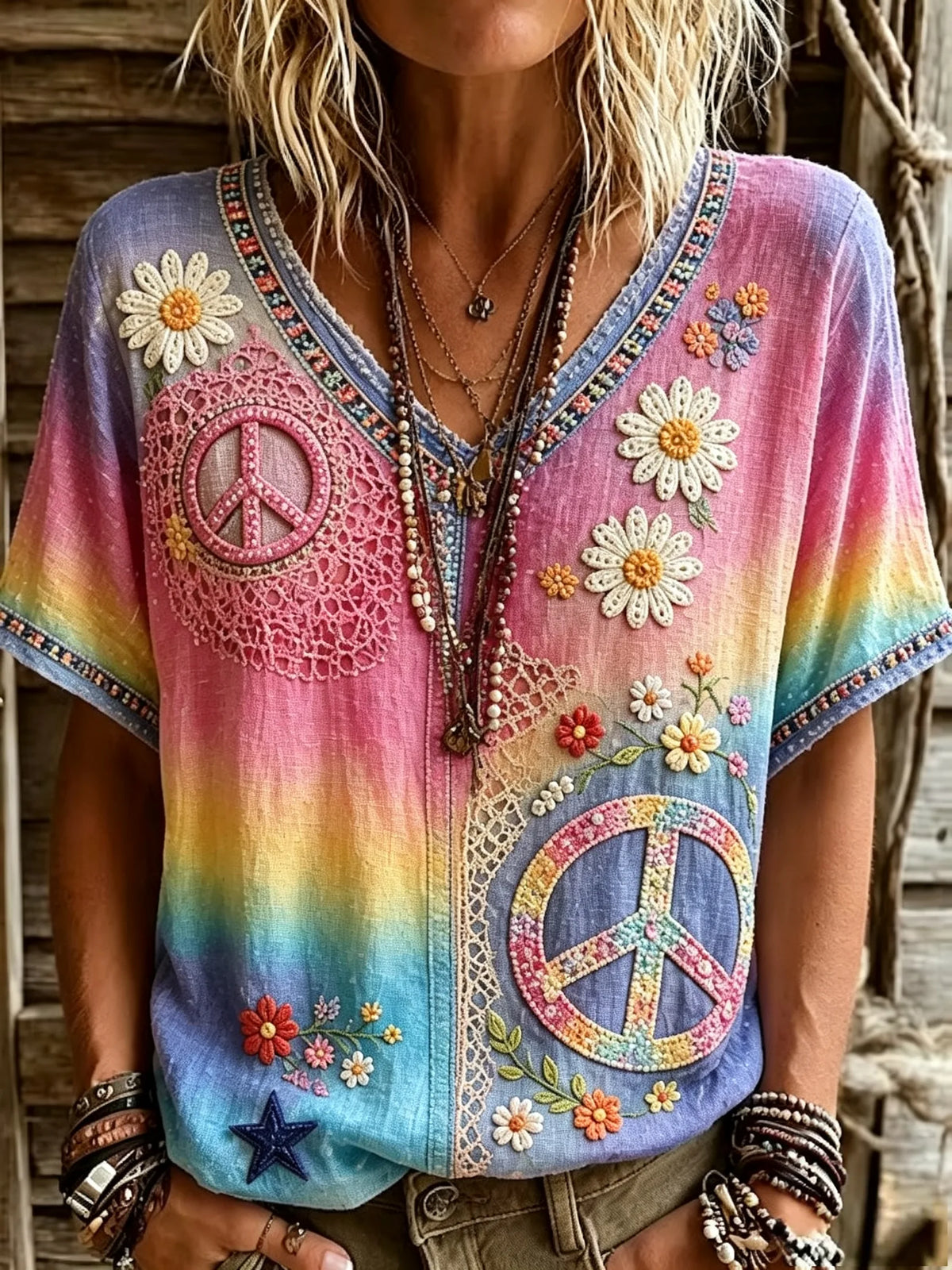 Women's Rainbow Gradient Tie-Dye Lace Daisy Peace Sign Embroidery V-Neck Top