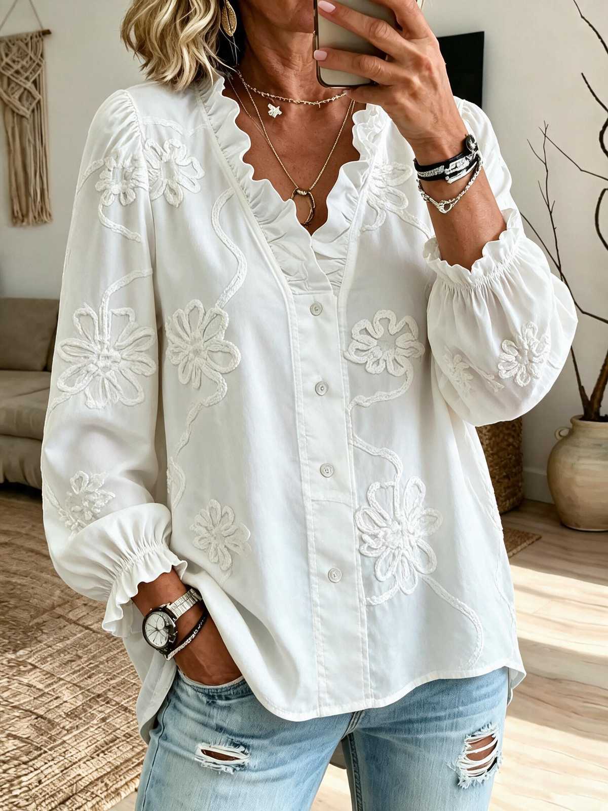 Women's Cotton long-sleeved Embroidered Ruffled Blouse/Shirt