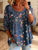 Women's Hollow Lace Spliced Multicolor Floral 3/4 Sleeve Denim Blouse