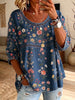 Women's Hollow Lace Spliced Multicolor Floral 3/4 Sleeve Denim Blouse