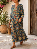 Retro Floral Pattern Art Print Casual V-neck Long Sleeve Cotton Linen Maxi Dress