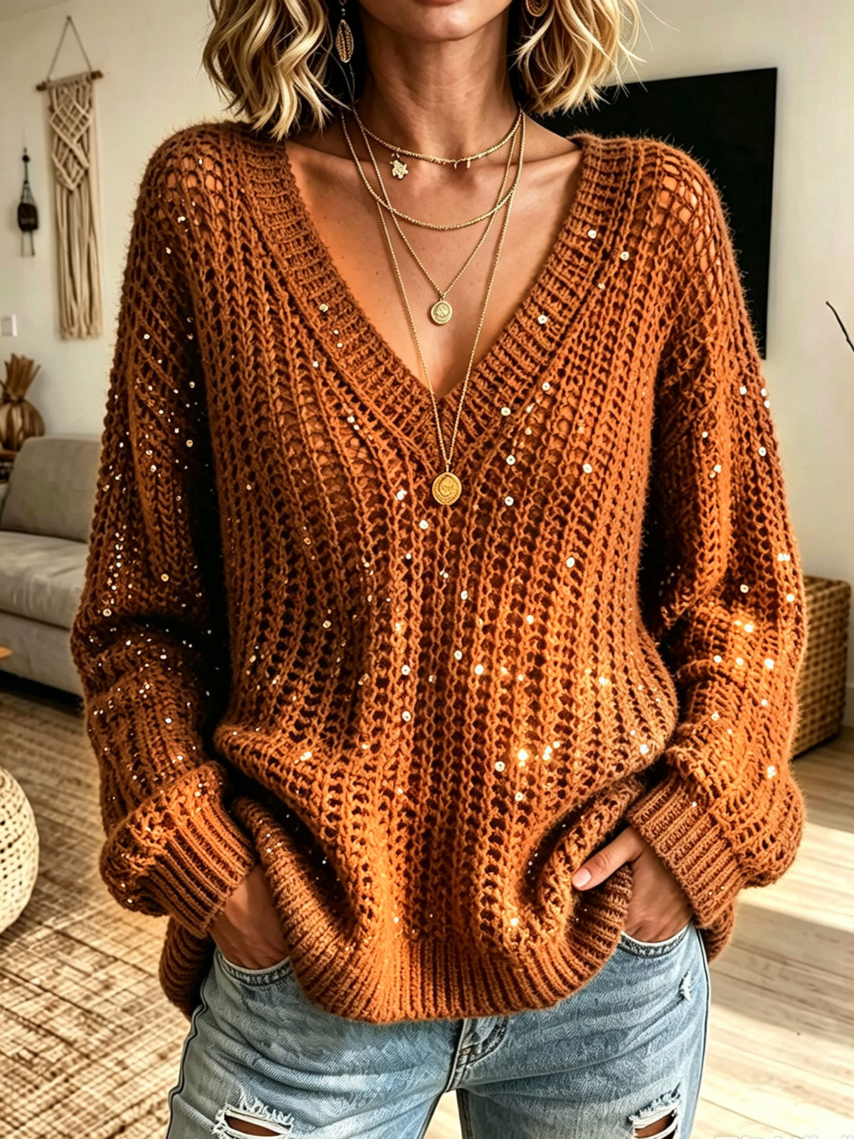 Women V‑Neck Hollow Mesh Sequin Embellished Oversized Long Sleeve Knit Sweater