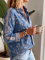 Women’s Collared Floral Print Embroidered Trim Loose Button Down Shirt