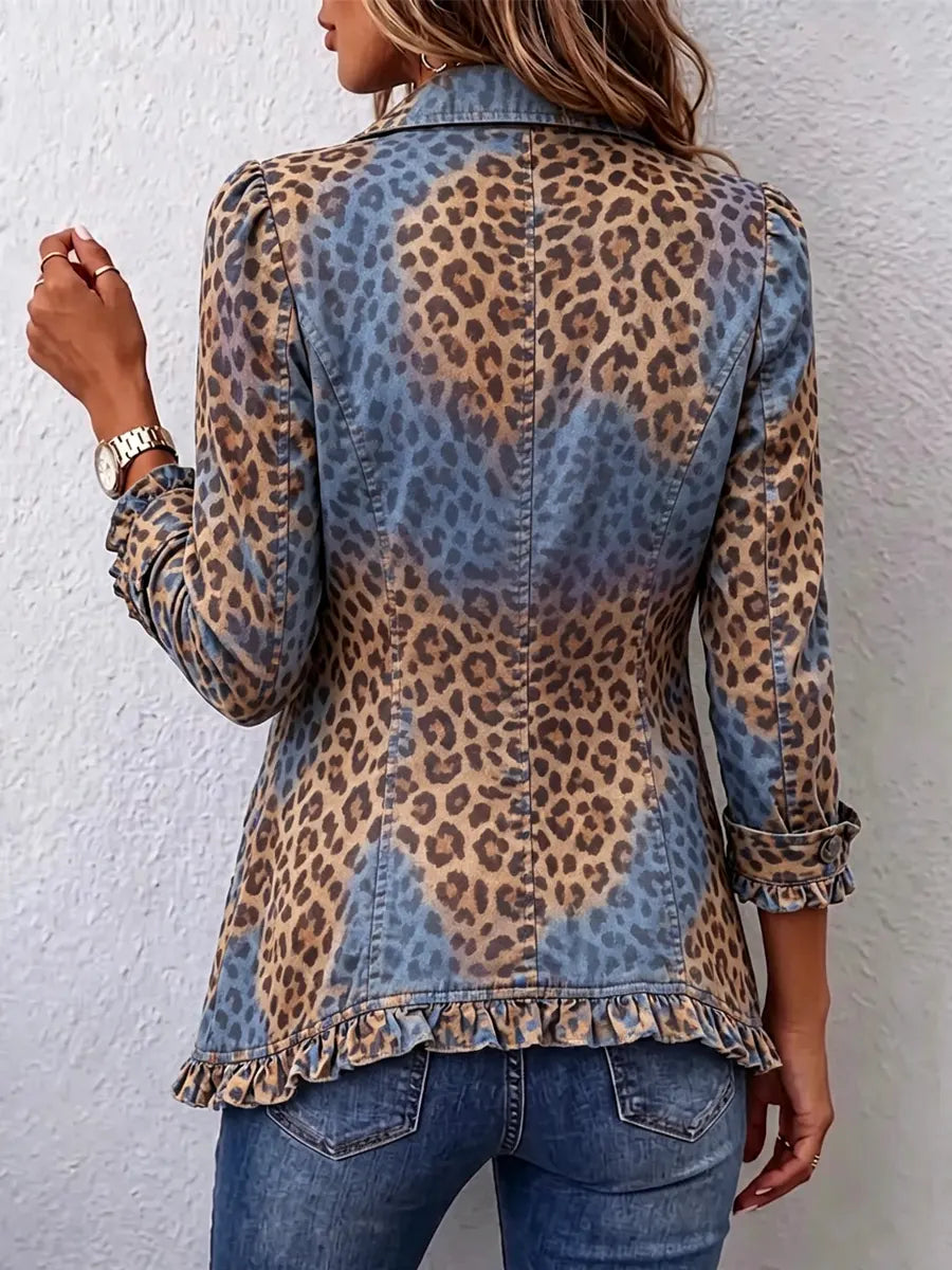 Retro Leopard Pattern Art Print Ruffle Casual Stylish Cotton Lapel Coat