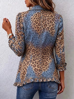 Retro Leopard Pattern Art Print Ruffle Casual Stylish Cotton Lapel Coat