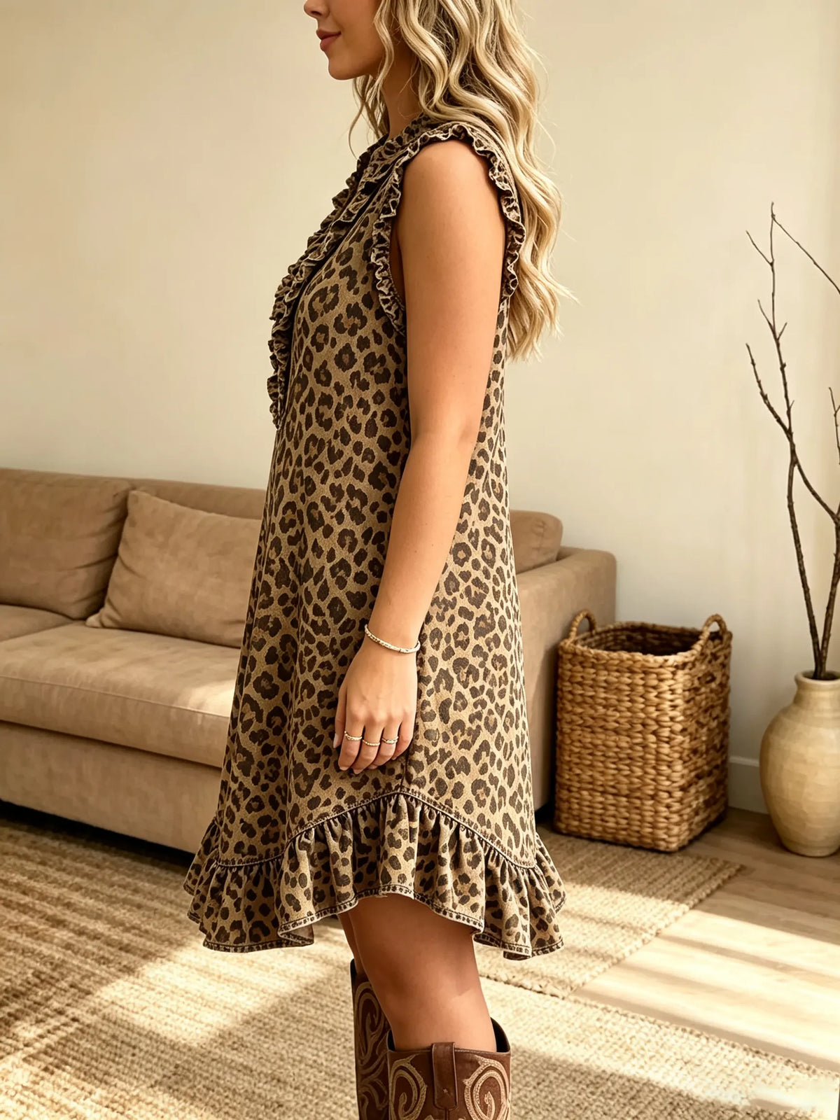 Women's Leopard Print Ruffle V-Neck Shift Dress
