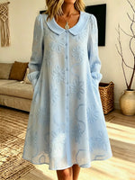 Retro Floral Art Print Casual Stylish Peter Pan Collar Long Sleeve Cotton Midi Dress