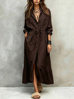 Retro Lapel Art Button Casual Long Sleeve Stylish Long Dress