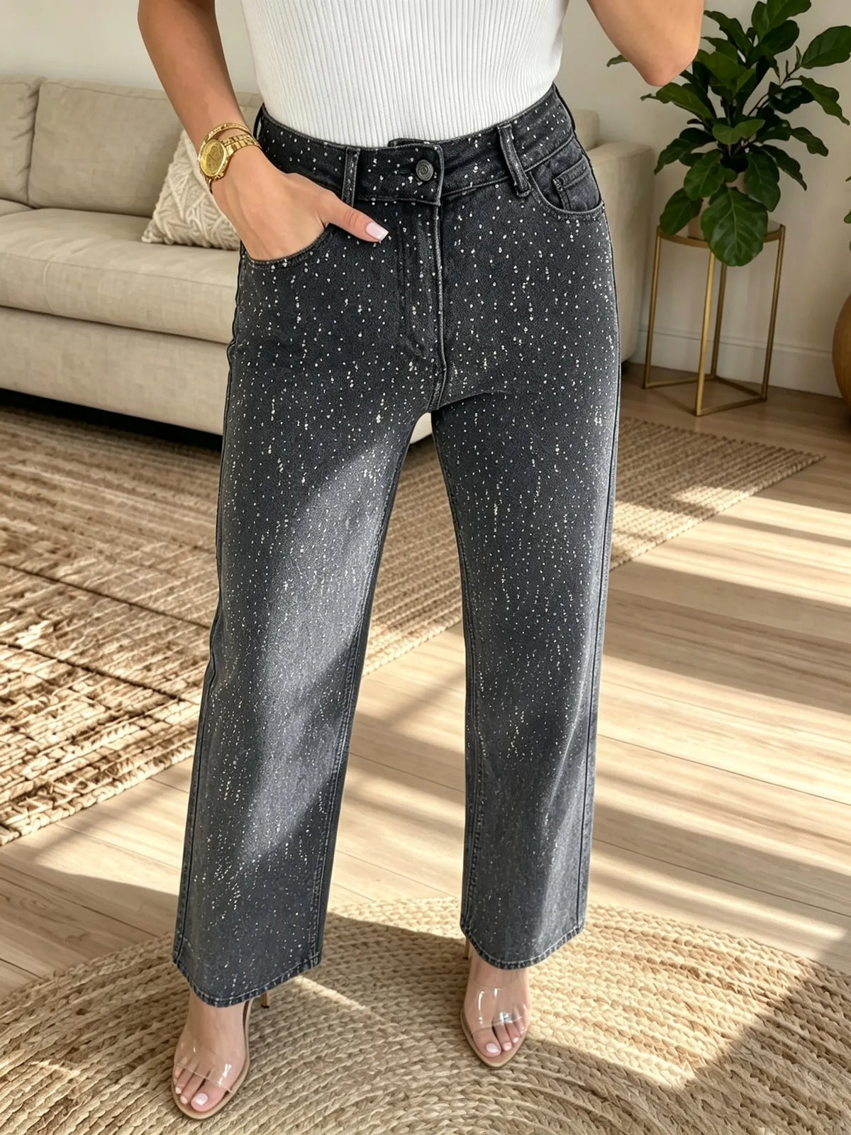 Multi-Color Options Women's Splatter Print High-Rise Straight Jeans