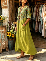 Women's Solid Body Ethnic Geometric Yoke Print V-neck Maxi Dress