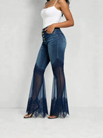 Women High Waist Button Fly Lace Mesh Spliced Flare Jeans
