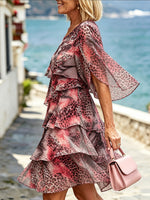 Women’s Pink Leopard Print Split Flare Sleeve Tiered Ruffle Chiffon Mini Dress