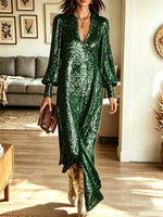 Retro Elegant Shiny Sequin Art Casual Stylish Long Sleeve Long Dress