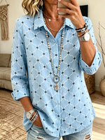 Women Blue Geometric Print Button Down Shirt Lapel Long Sleeve Loose Casual Blouse