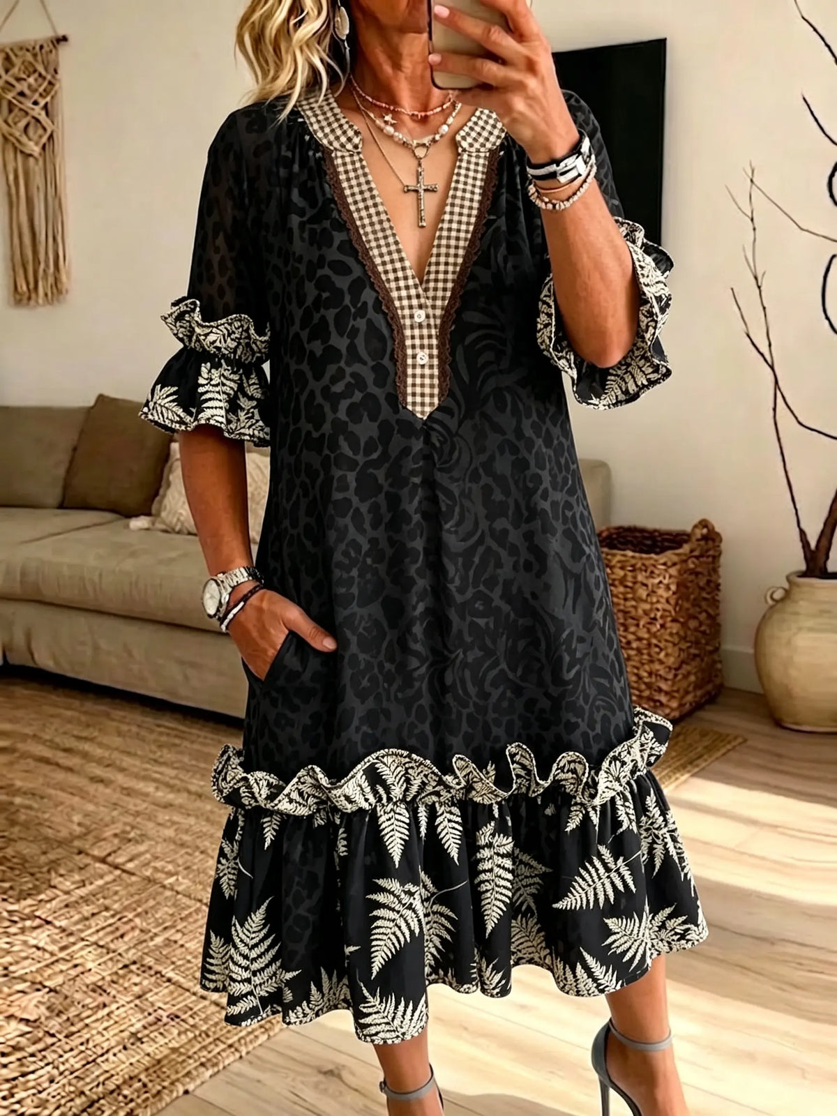 Women's Black Leopard Fern Plaid Patchwork Print V-Neck Ruffle Midi Dress