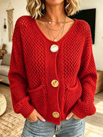 Women V‑Neck Hollow Knit Cardigan With Oversized Decorative Buttons & Pockets