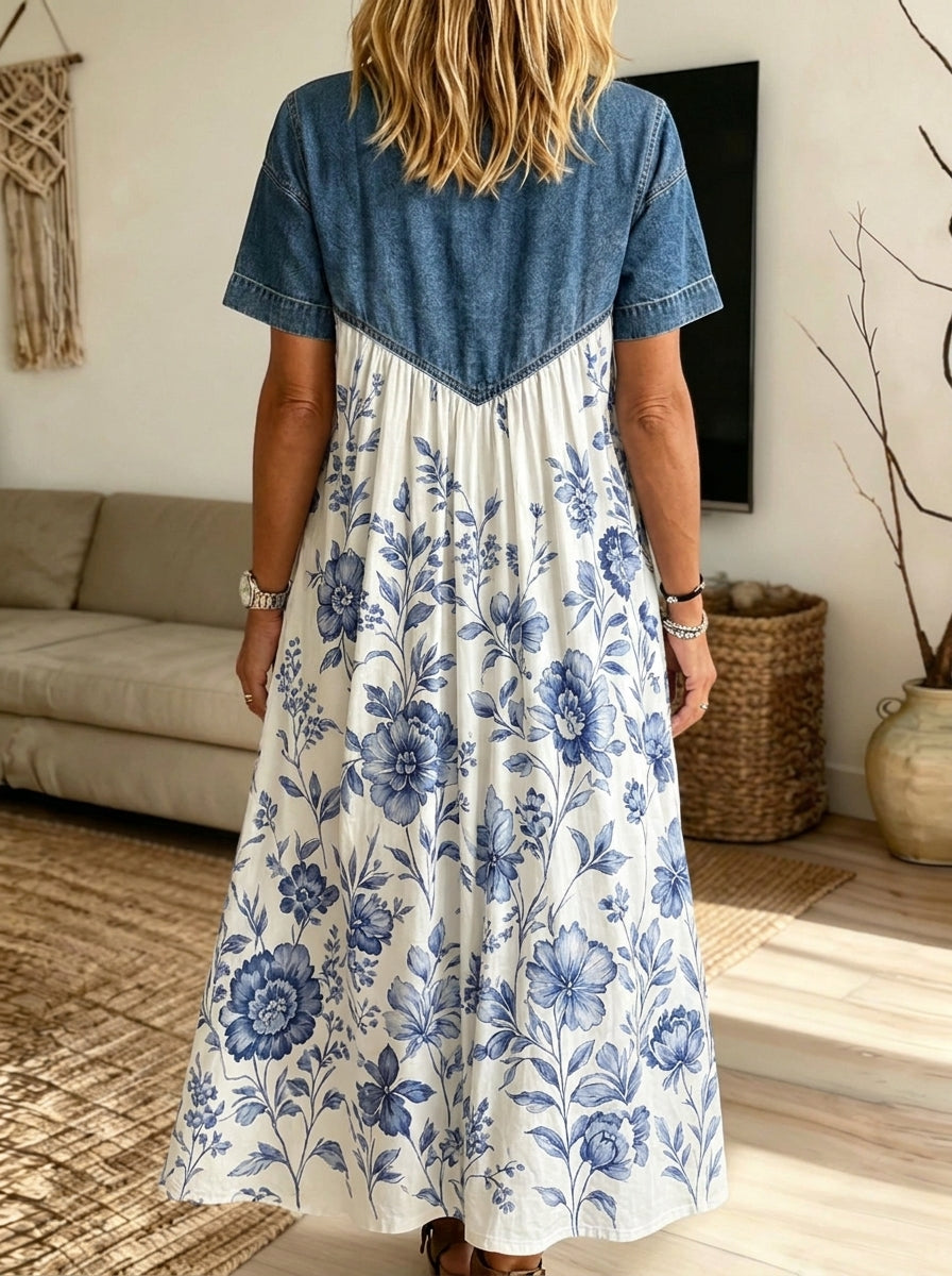 Women Denim Spliced Blue Floral Print Shirt Maxi Dress With Pockets
