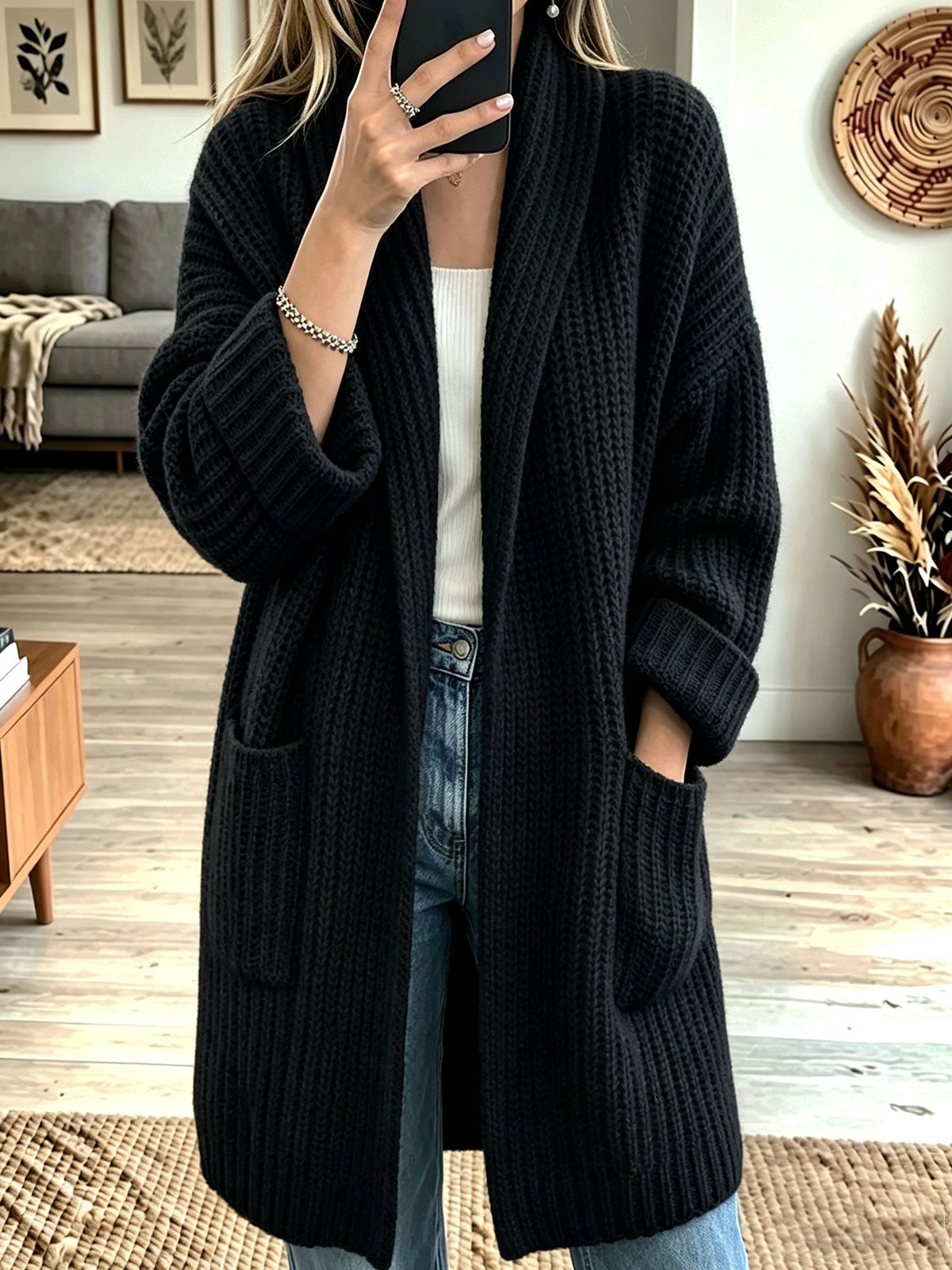 Women Shawl Collar Waffle Knit Open‑Front Mid‑Length Cardigan With Pockets
