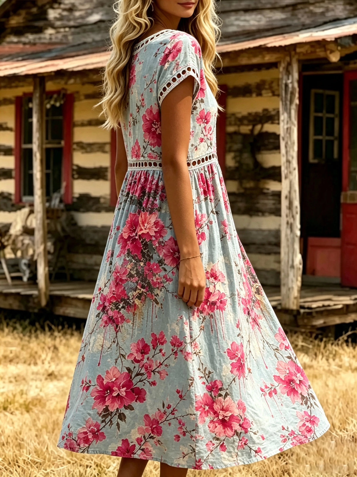 Women's Eyelet Trim Floral Midi Dress