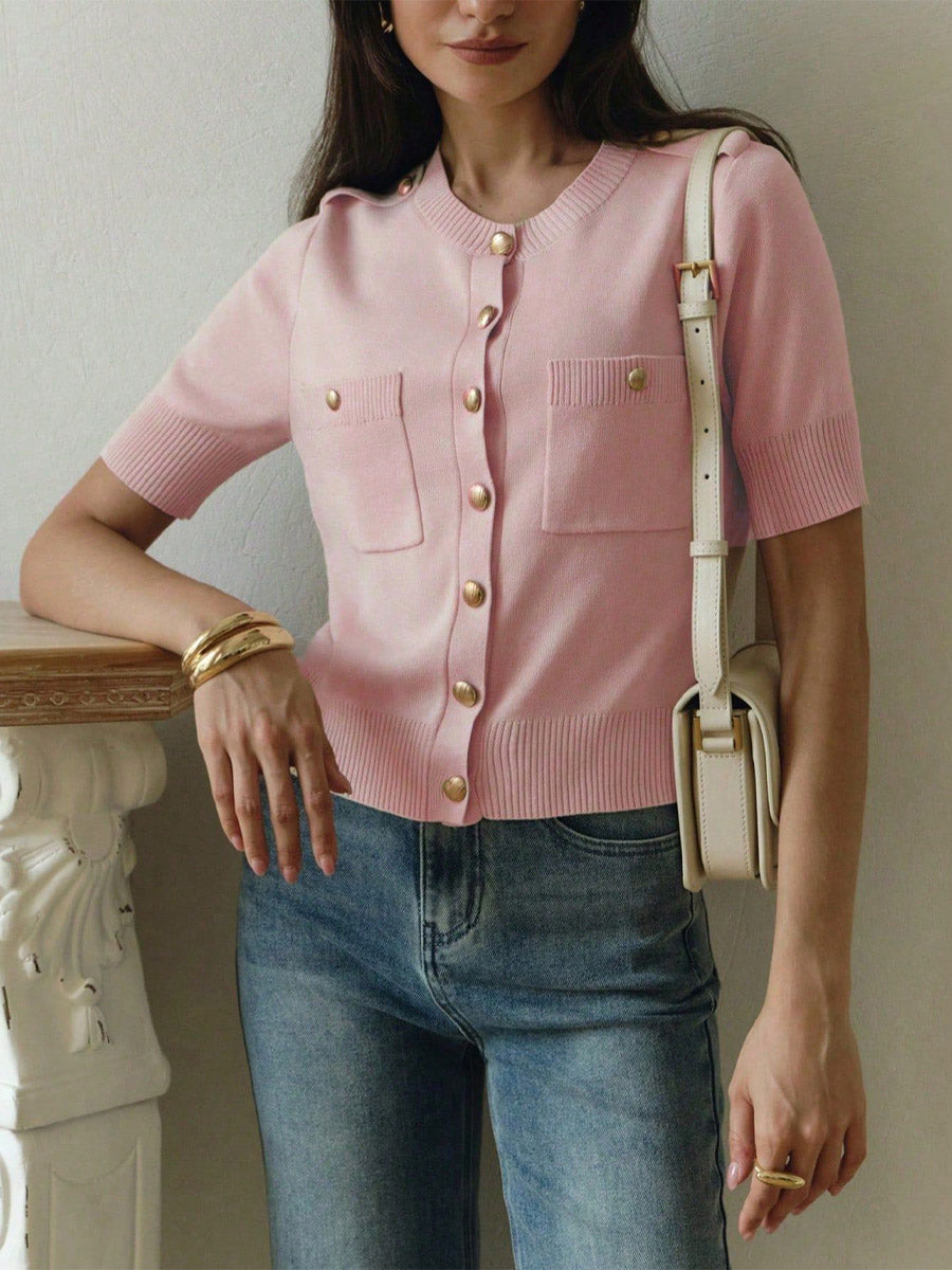 Elegant Button Pockets Short Sleeve Casual Knitted Cardigan Sweater