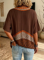 Women‘s Leopard Zebra Color Block V Neck Short Sleeve Crinkle Blouse