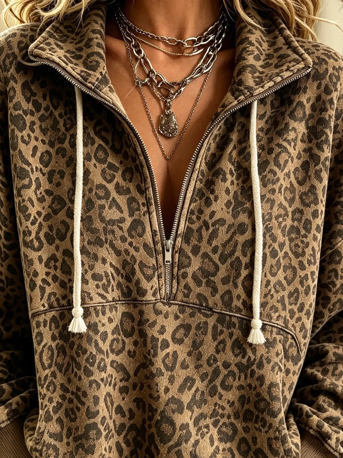 Women's Half-Zip Leopard Print Sweatshirt