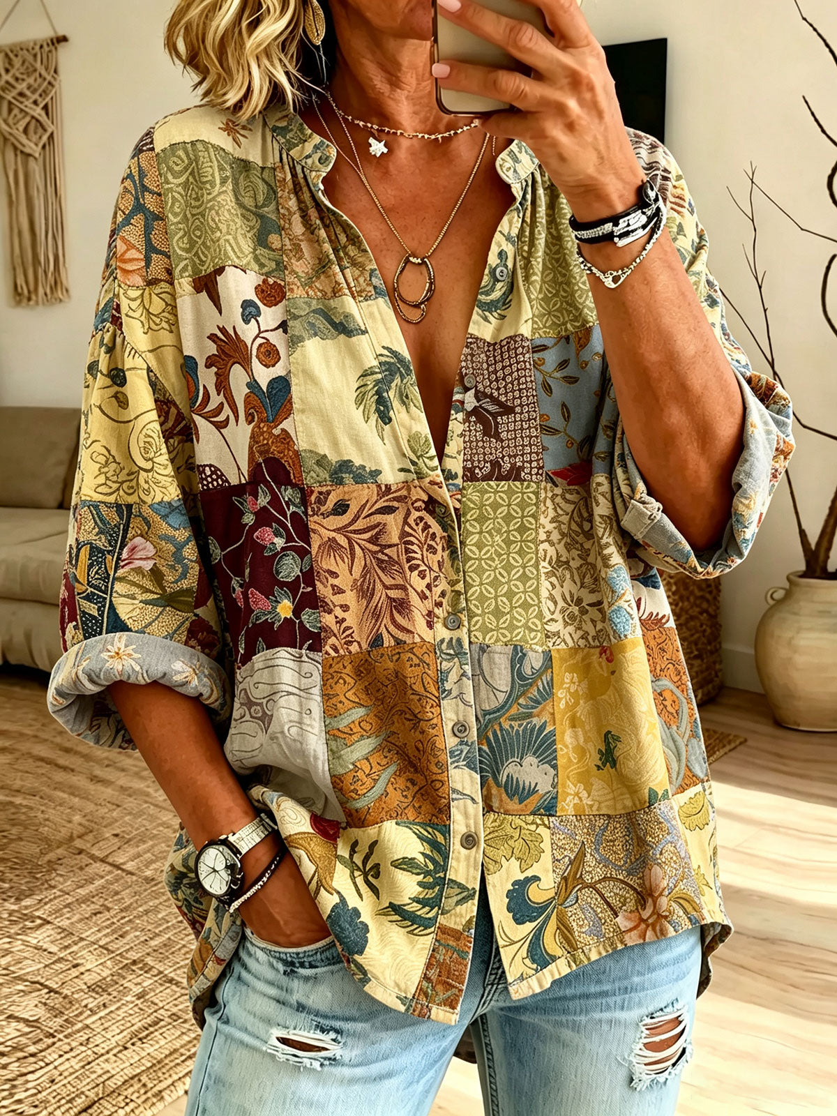 Women’s Vintage Patchwork Botanical Print Ruffle Collar Loose Button Down Blouse