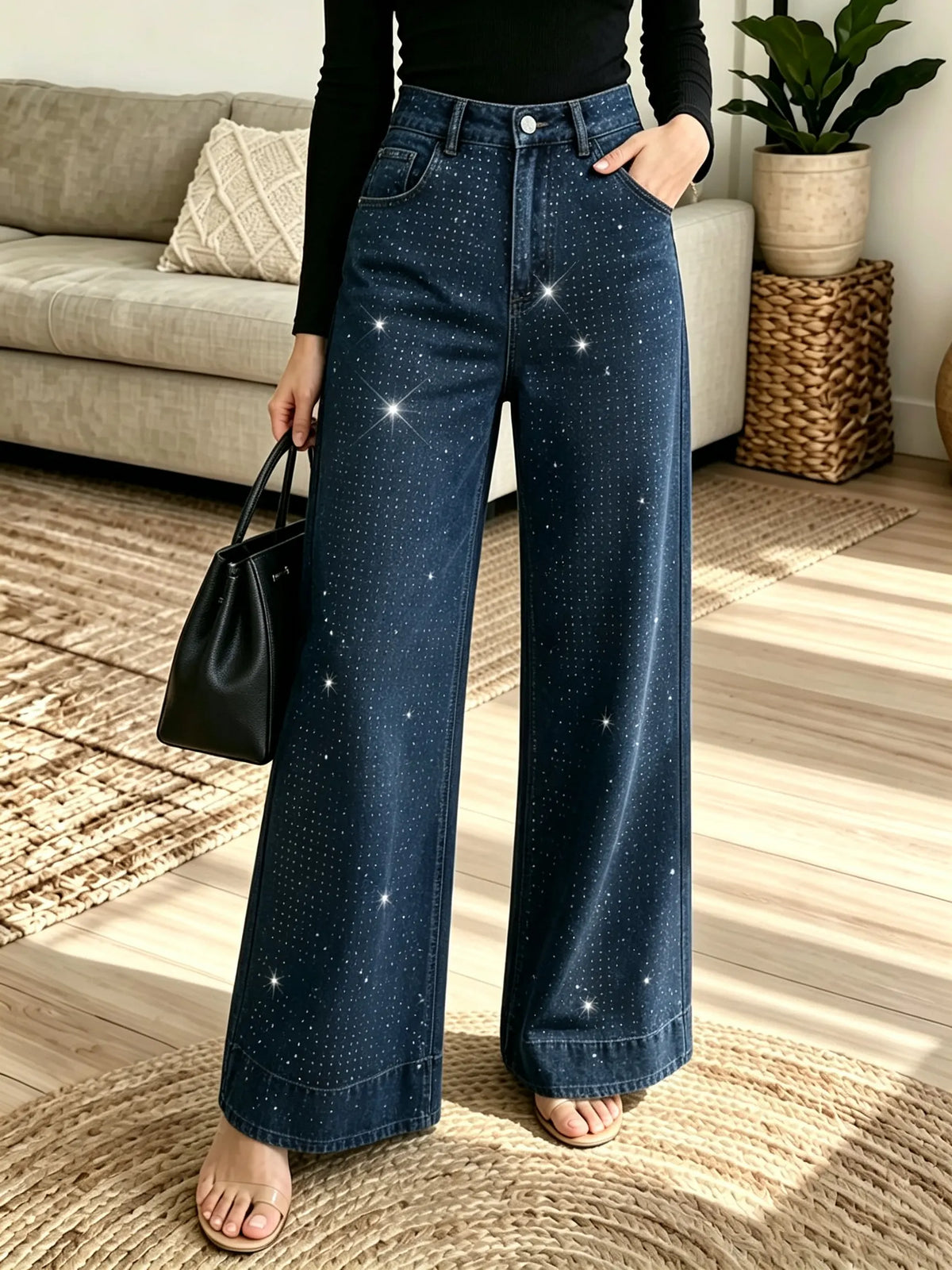 Multi-Color Options Women's Rhinestone Embellished Wide-Leg Jeans