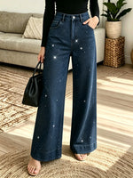 Multi-Color Options Women's Rhinestone Embellished Wide-Leg Jeans