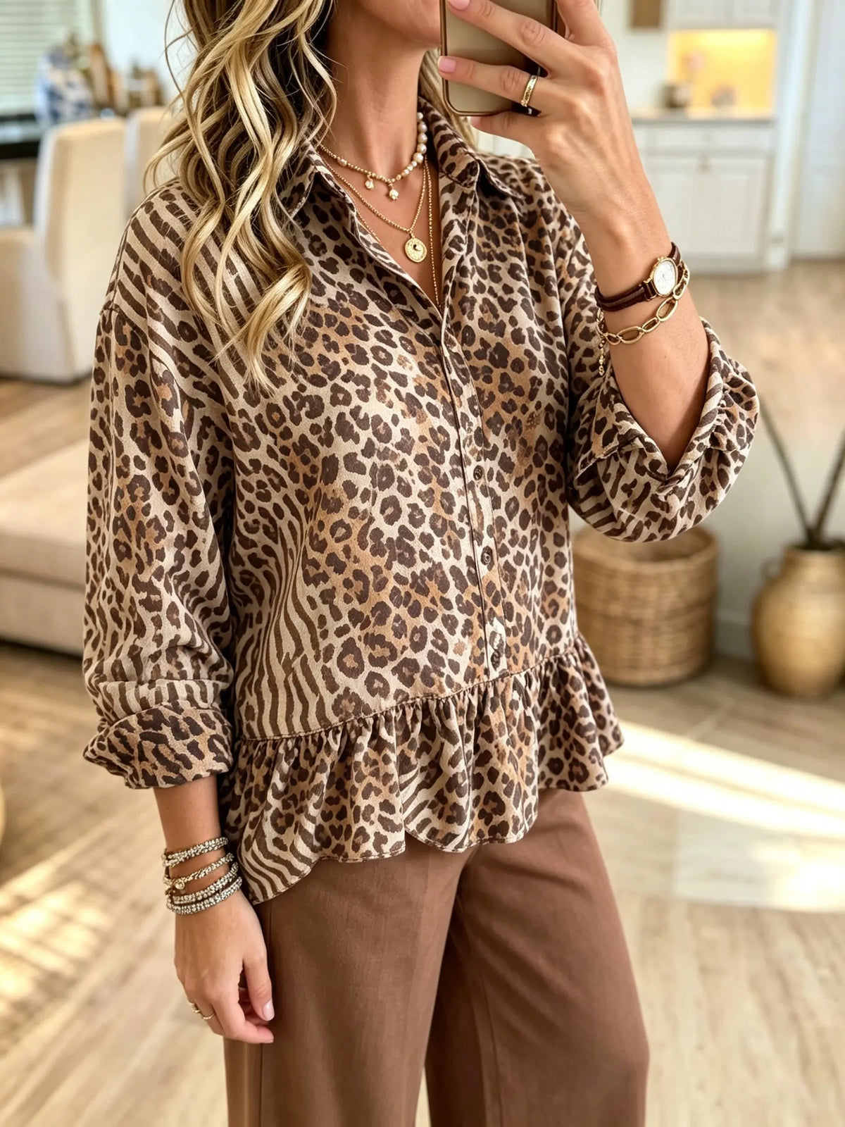 Women's Leopard Print Ruffle Hem Shirt