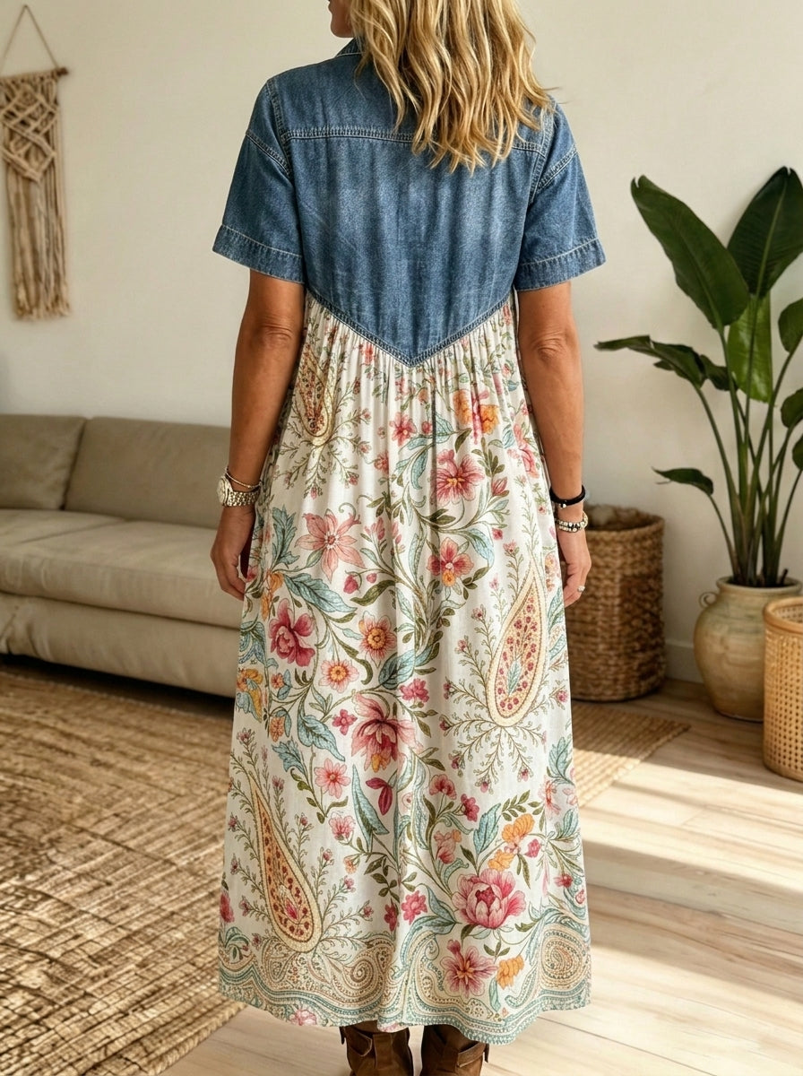 Women Denim Spliced Paisley Floral Shirt Midi Dress With Pockets