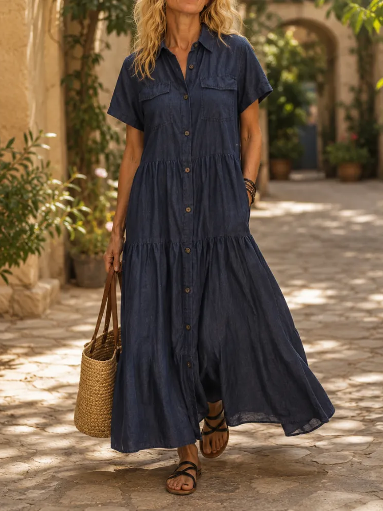 Women's Tiered Short Sleeve Denim Maxi Dress