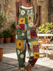 Vintage Vintage Patchwork Bee Daisy Print Adjustable Strap Loose Overalls
