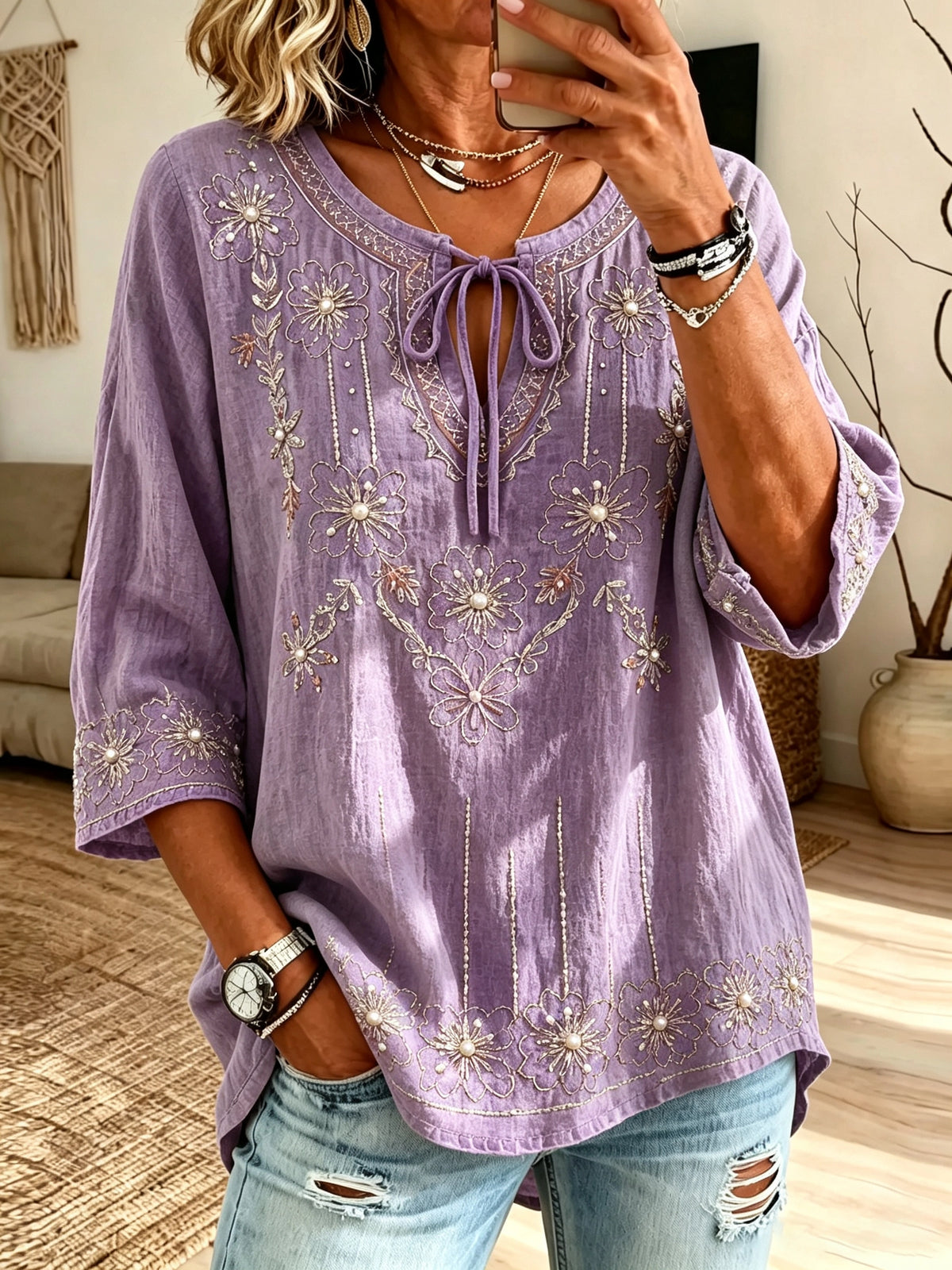 Women's Floral Tie-Neck Blouse