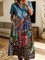 Women Denim Patchwork Paisley Midi Dress Collared Short Sleeve Button Loose Boho Dress