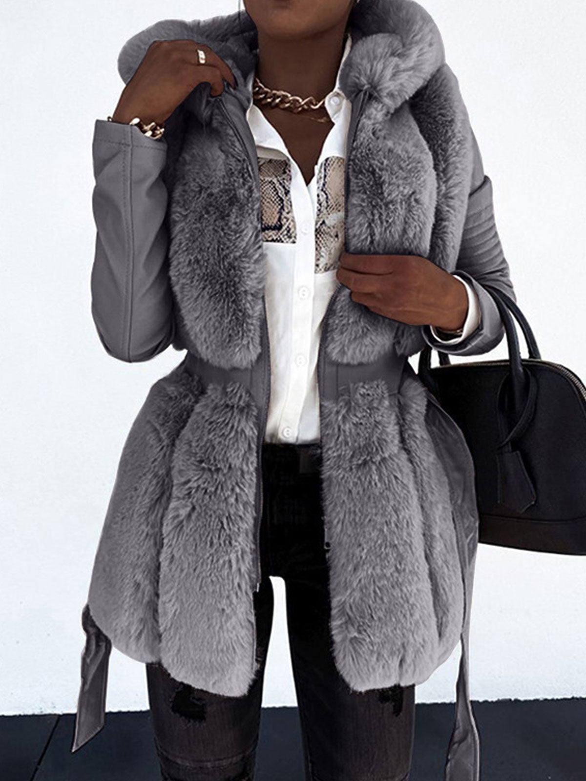 Women Hooded Faux Fur & PU Leather Spliced Belted Winter Coat