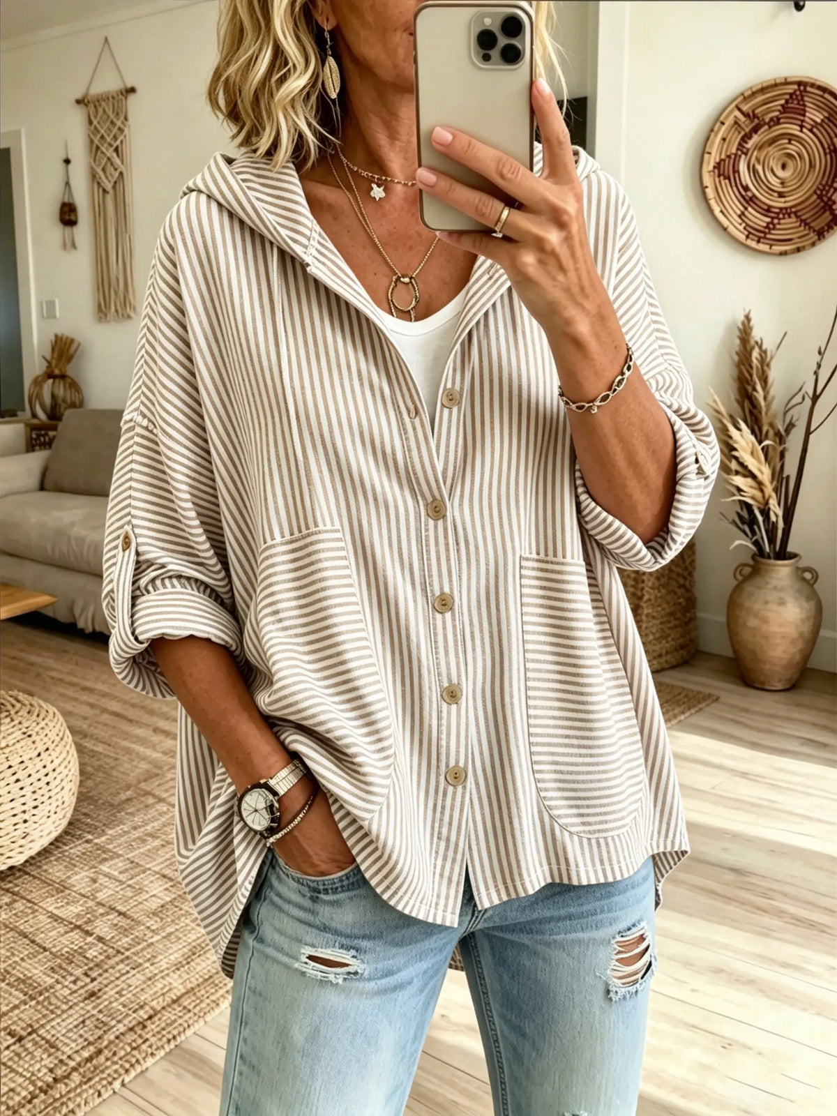 Women's Vertical Stripe Oversized Hooded Shirt