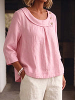Elegant Round Collar Stylish 3/4 Sleeve Art Casual Cotton Linen Shirt