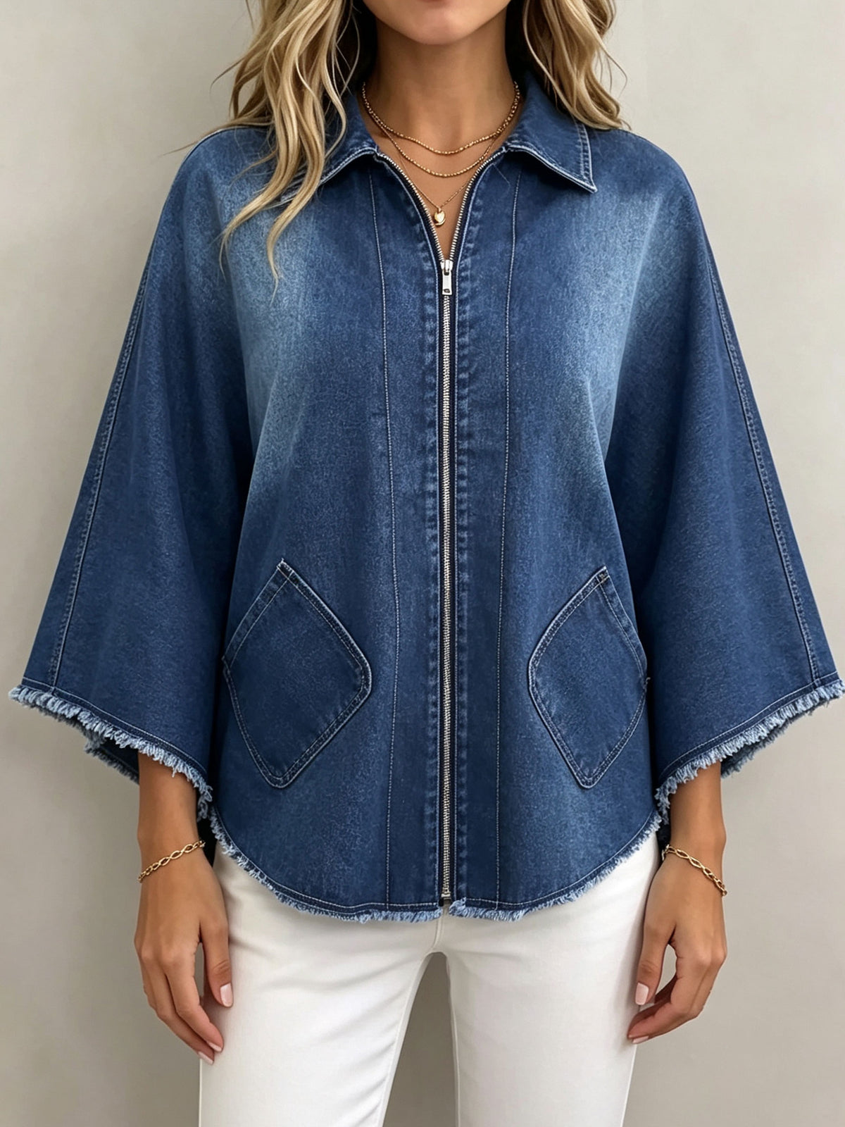 Women Zip‑Up Denim Jacket Lapel Wide 3/4 Flare Sleeve Frayed Hem Coat With Pockets