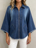 Women Zip‑Up Denim Jacket Lapel Wide 3/4 Flare Sleeve Frayed Hem Coat With Pockets
