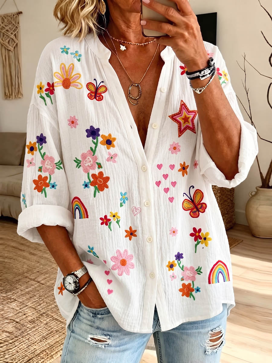 Vintage Elegant Button Long Sleeve Patterned Shirt