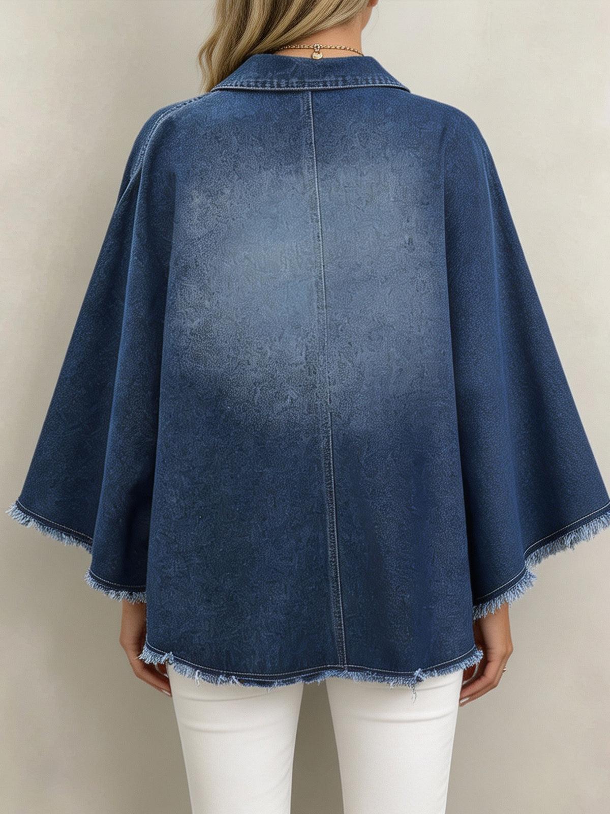 Women Zip‑Up Denim Jacket Lapel Wide 3/4 Flare Sleeve Frayed Hem Coat With Pockets