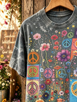 Unisex Retro Patchwork Flower Peace Sign Print Short Sleeve T-Shirt