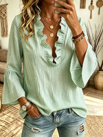 Women's Striped Ruffle V-Neck Blouse