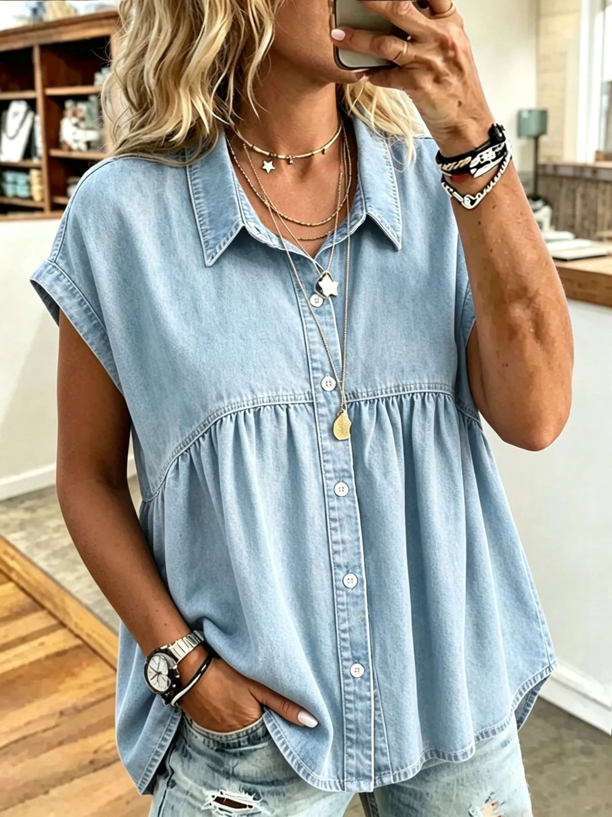 Women's Solid No-Print Washed Denim Cap Sleeve Collared Babydoll Blouse