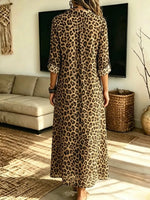 Retro Leopard Pattern Art Casual Long Sleeve Stylish Cotton Linen Dress