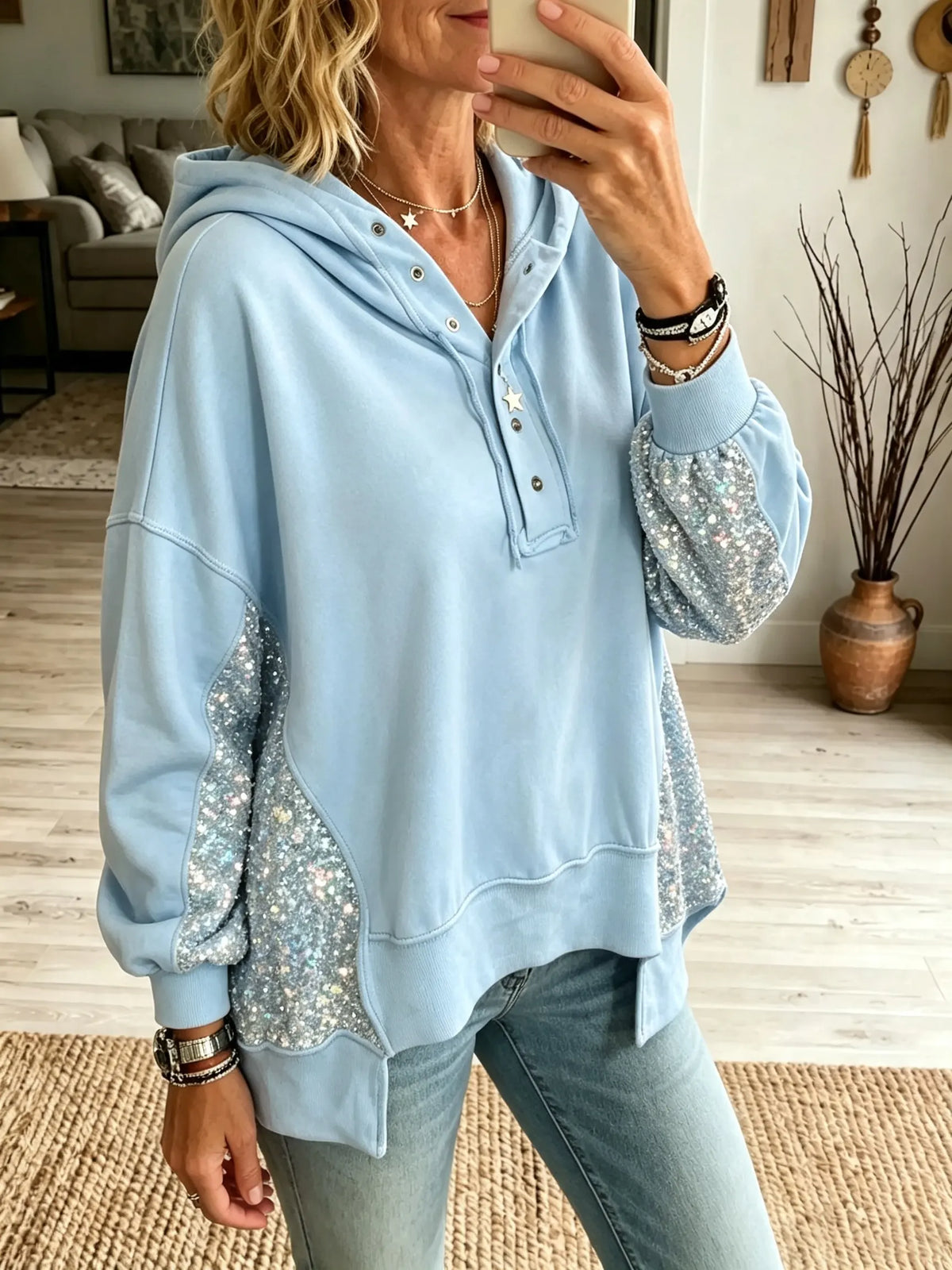 Women's Sequin Accent Button-Up Hoodie