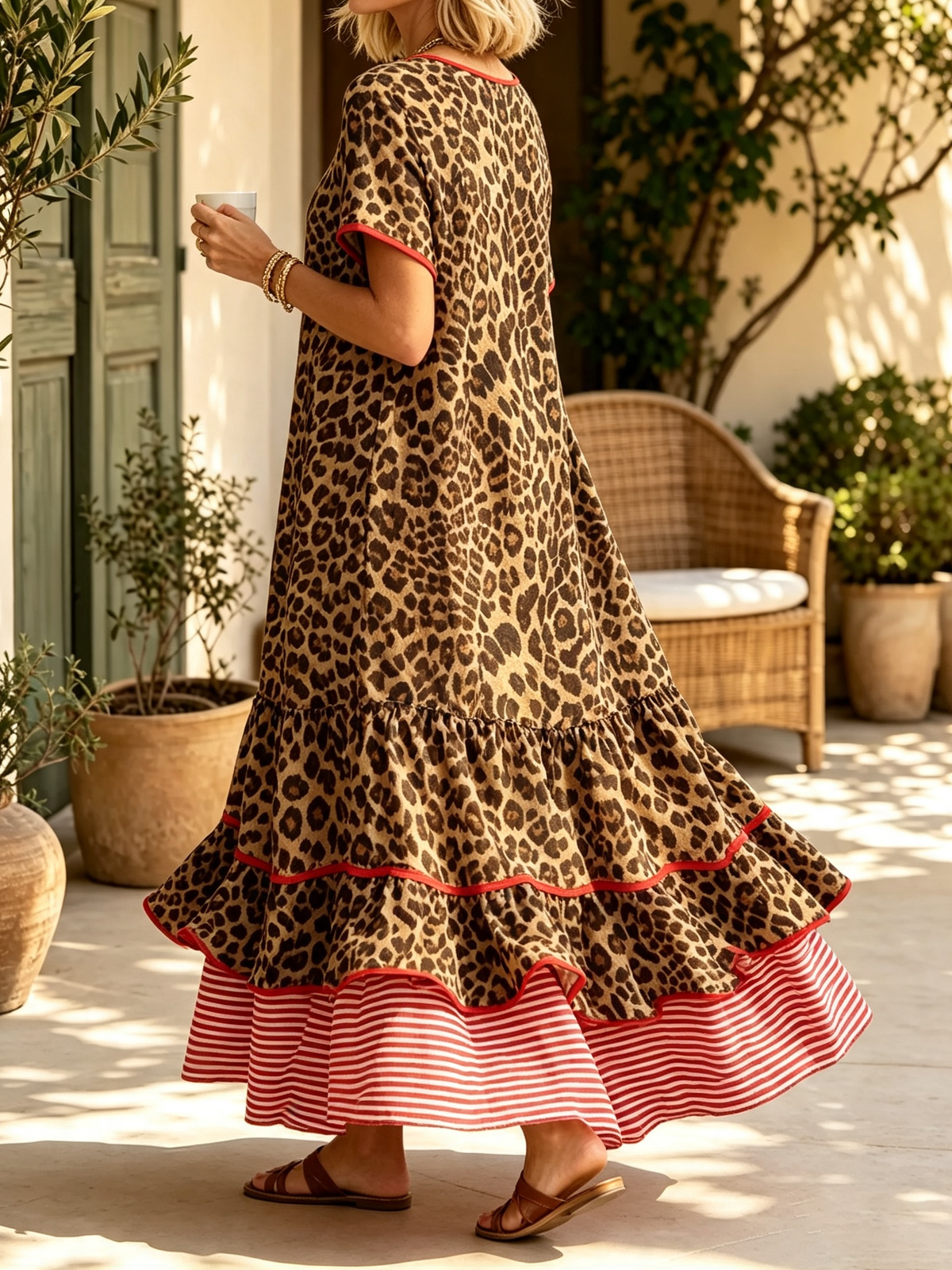 Women's Leopard Striped Tiered Maxi Dress