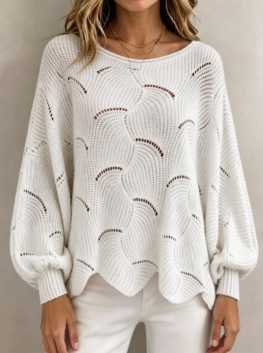 Women Hollow‑Out Wave Knit Sweater Loose Lantern Long Sleeve Casual Pullover Top